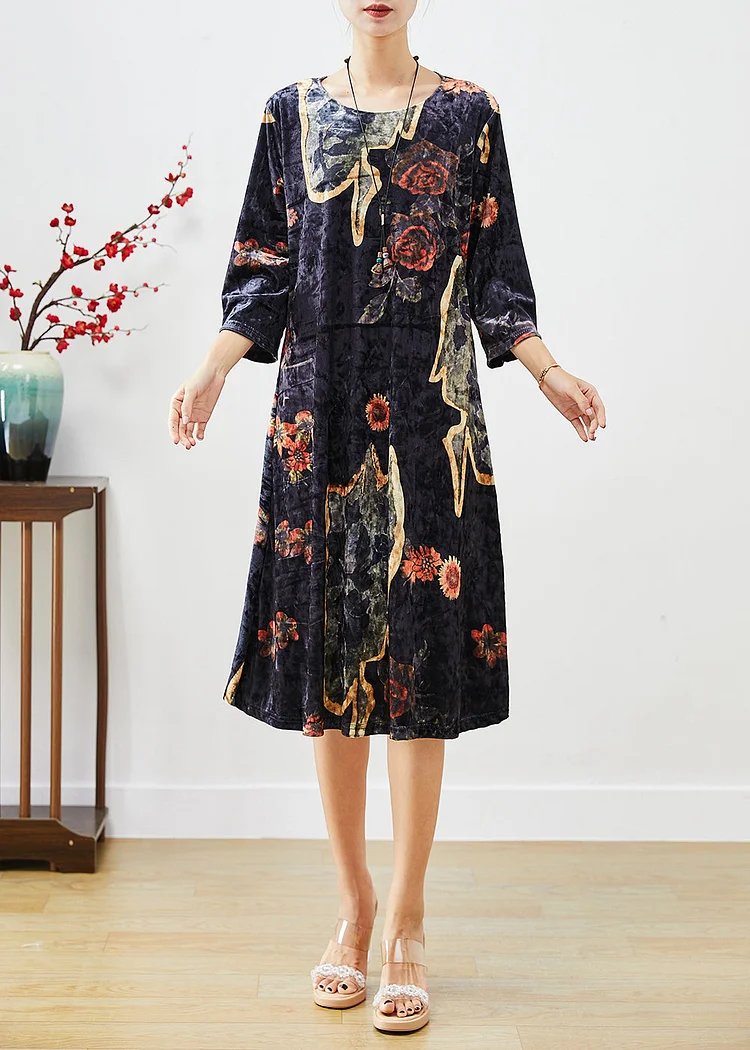 Organic Black Oversized Print Silk Velour Maxi Dresses Fall
