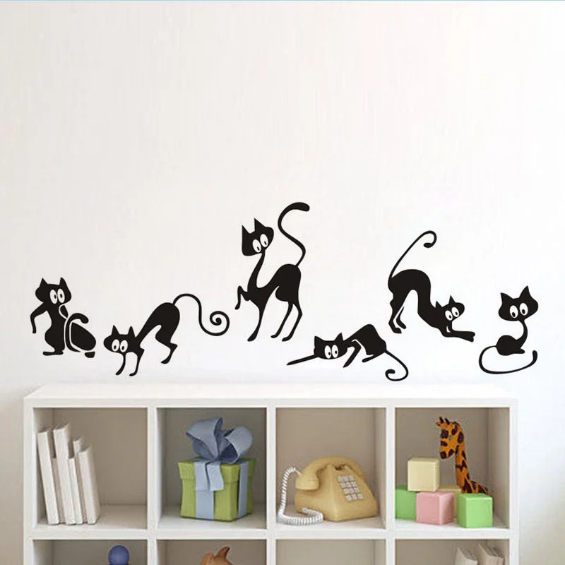 Lovely 6 Black Cute Cats Wall Sticker Moder Cat Wall Stickers Girls Vinyl Home Decor Cute Cat Living Room Children Room