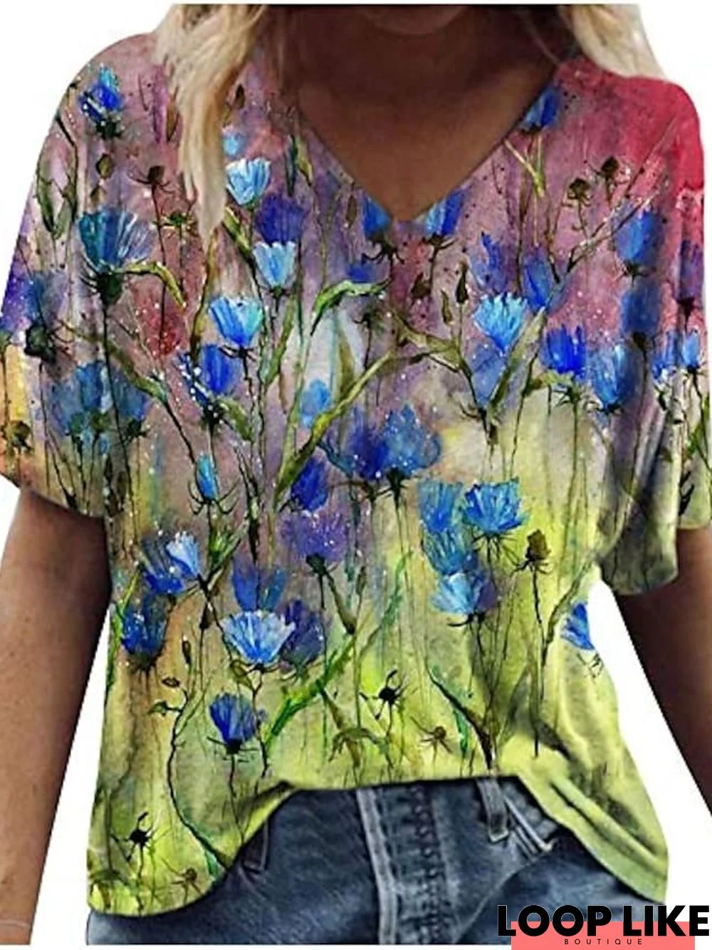 poto womens short sleeve shirts, casual tops for women vintage floral graphic t-shirt v-neck tees summer tunics blouses