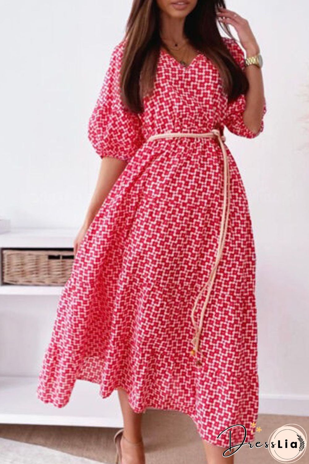 Fashion Street Print Split Joint V Neck A Line Dresses