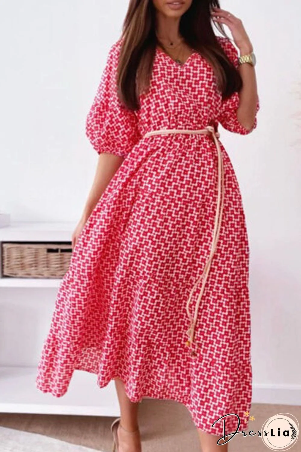 Fashion Street Print Split Joint V Neck A Line Dresses