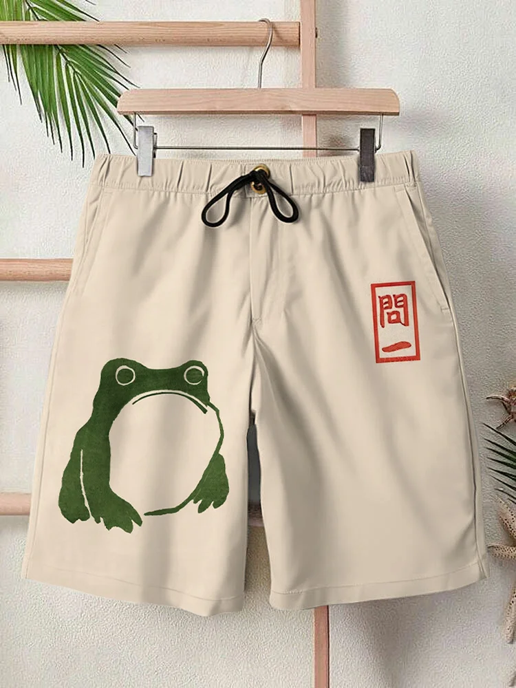 Men's Cute Frog Japanese Lino Art Painting Printed Shorts