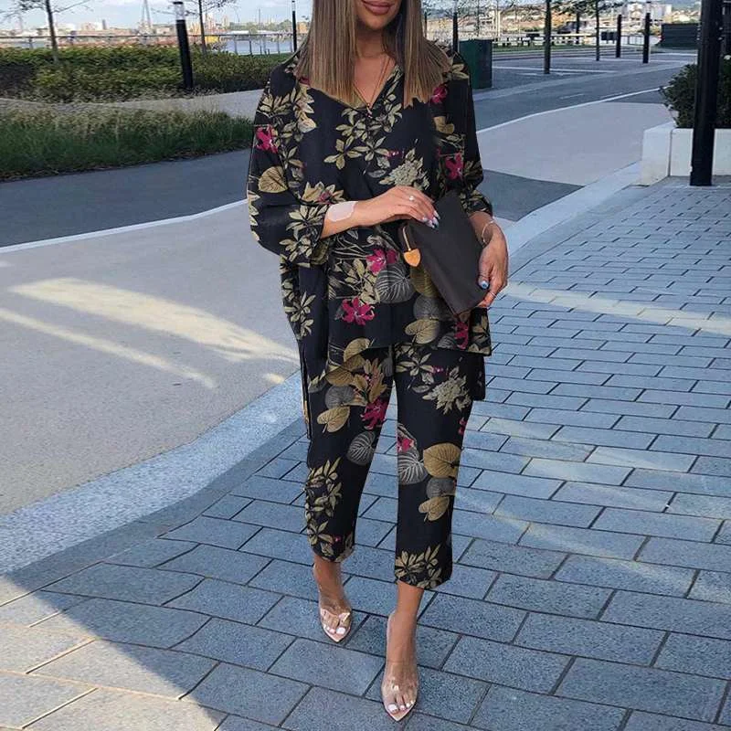 ZANZEA 2PCS Vintage Floral Printed Matching Sets Summer Women Lapel Neck 3/4 Sleeve Blouse Suits Tracksuit Elegant OL Pants Sets