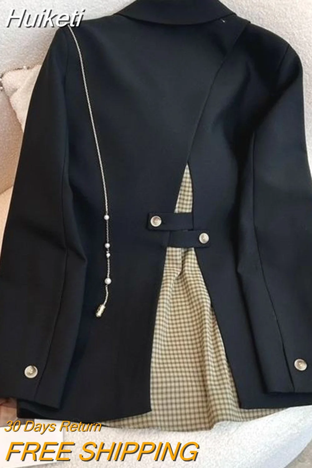 Huiketi Spring Autumn Blazer For Women Fashion Plaid Lining Patchwork Suit Jacket Clothing Casual Long Sleeve Outerwear