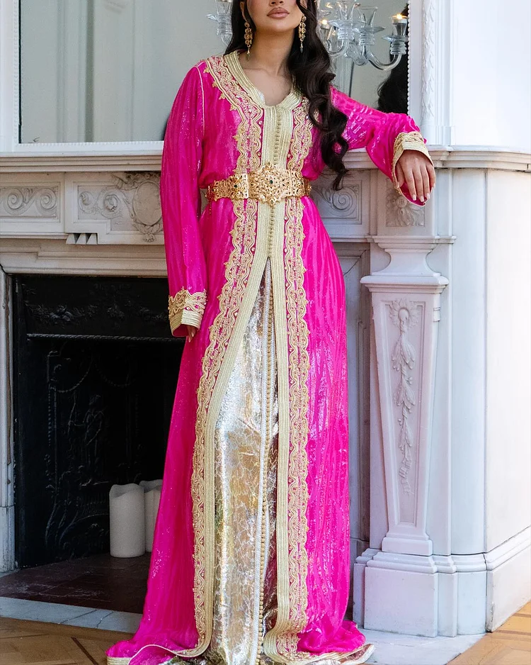 Women's V Neck Embroidered Moroccan Dress