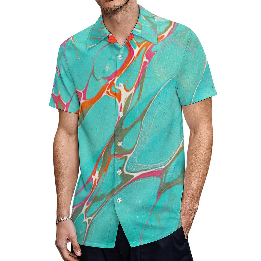 Short Sleeve Colorful Marbled Faux Turquoise Hawaiian Shirt Mens Button Down Plus Size Tropical Hawaii Beach Shirts