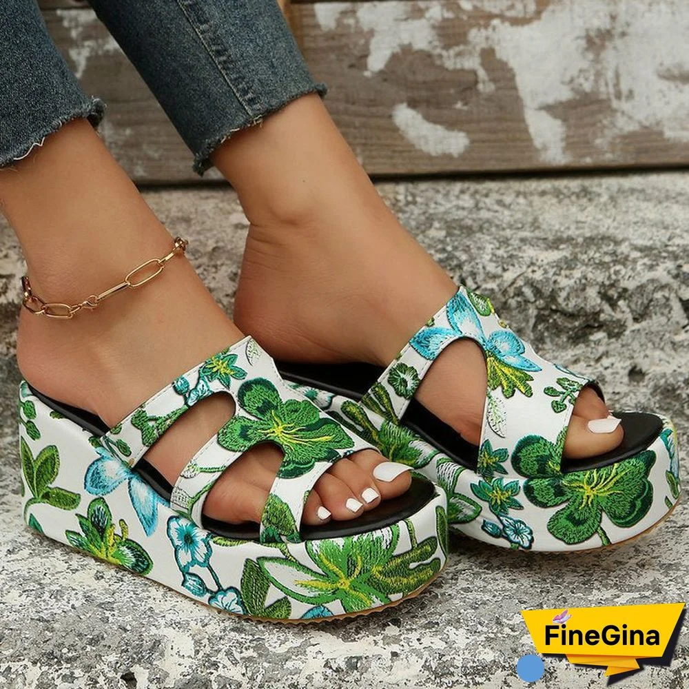 Women Floral Embroidery Hollow out Wide Strap Wedge Slippers Shoes