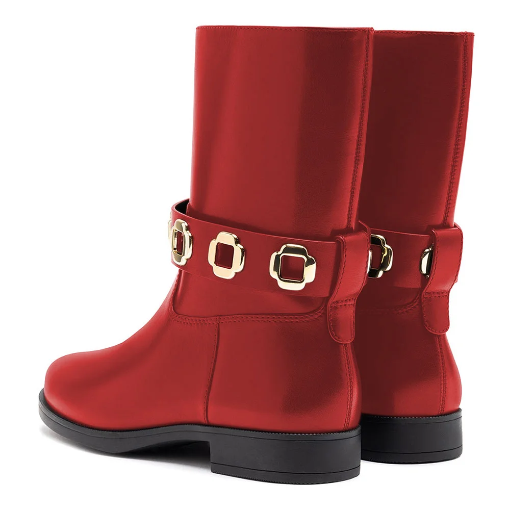 Red Round Toe Hardware Decor Strap Flat Short Boots for Women