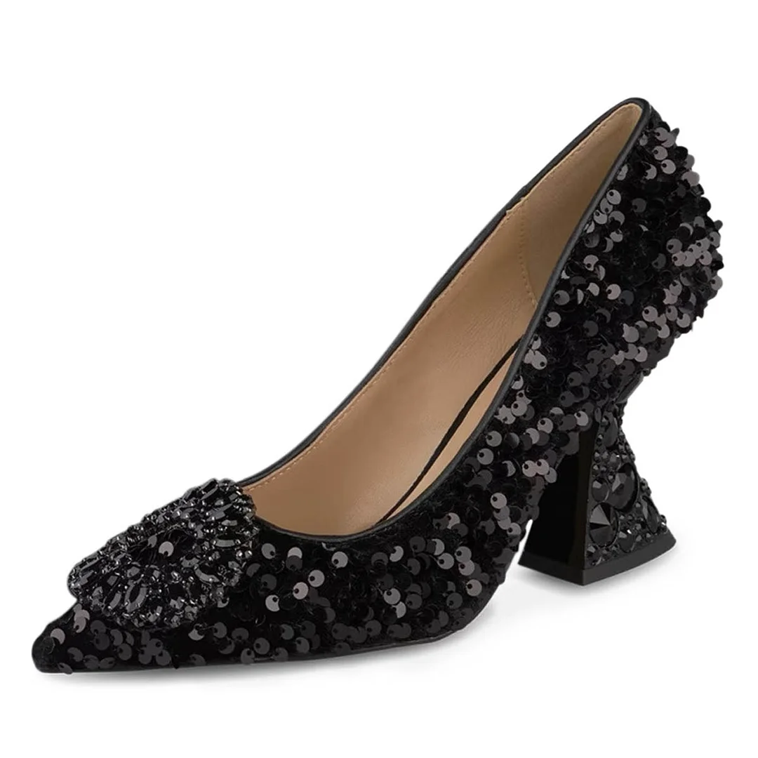 Black Sparkling Sequined Pointed Toe Rhinestone Embellished Pumps