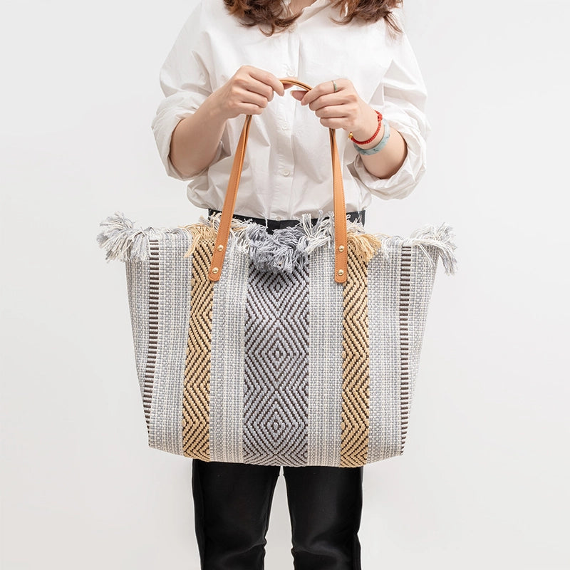 Women's Cotton Lattice Solid Color Vintage Style Square Magnetic Buckle Tote Bag3