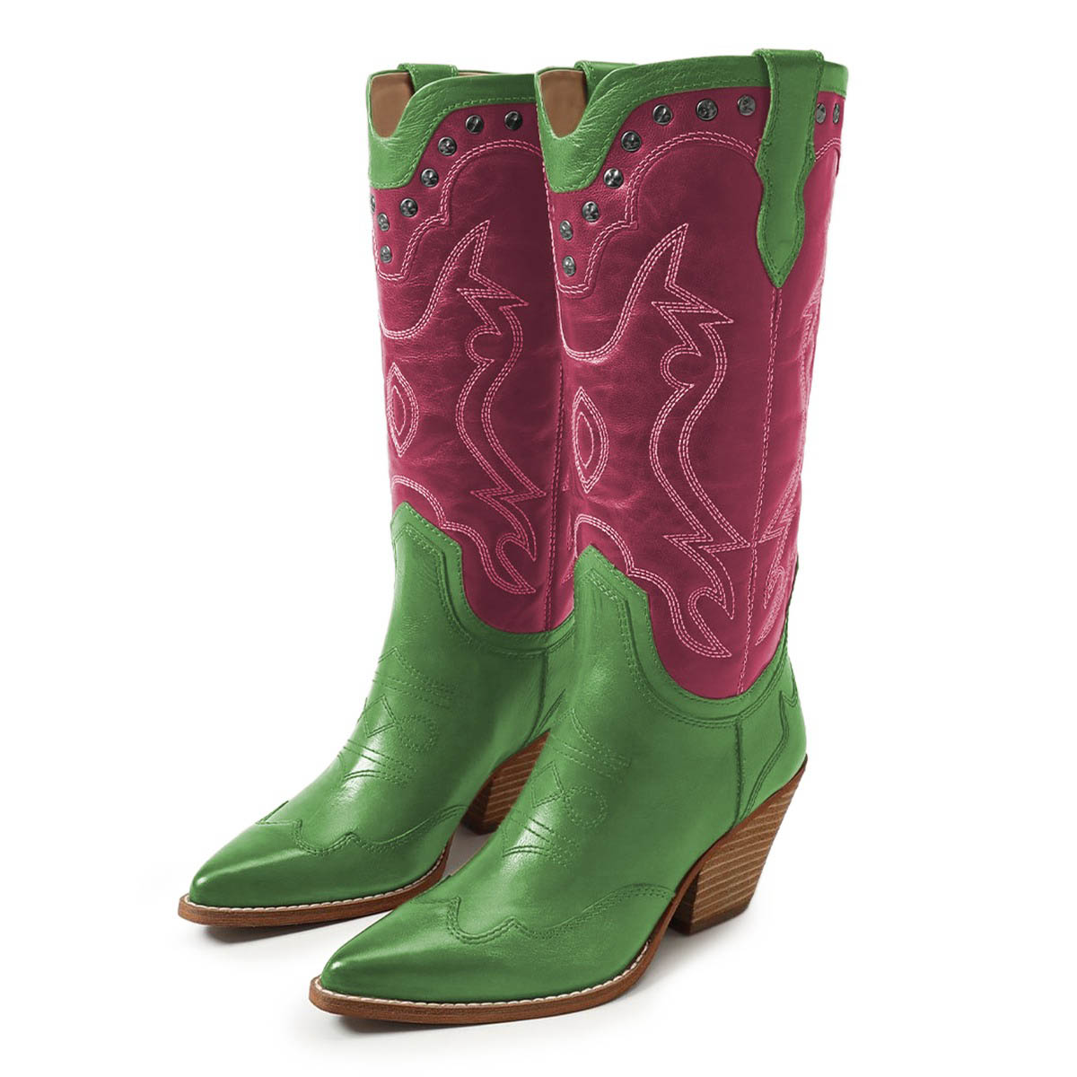 Green ＆ Deep Pink Chunky Heel Embroidered Stud Women's Western Boots Nicepairs