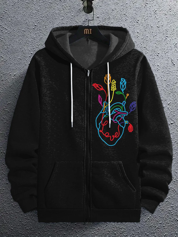 Men's Heart Flower Graphic Print Hooded Zip Up Jacket