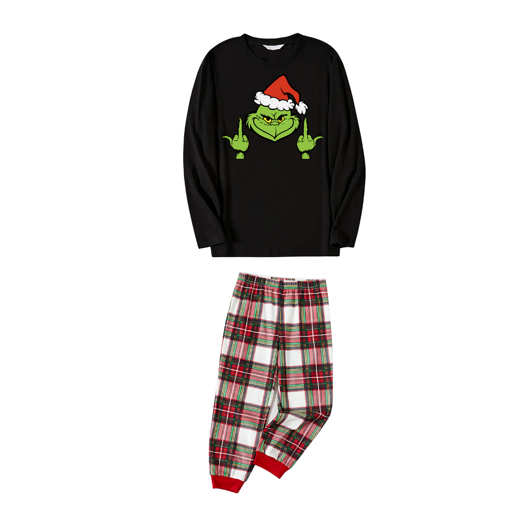 Christmas Cartoon Pattern Print Black Long Sleeve Top with Red & White & Green Plaid Family Matching Pajamas