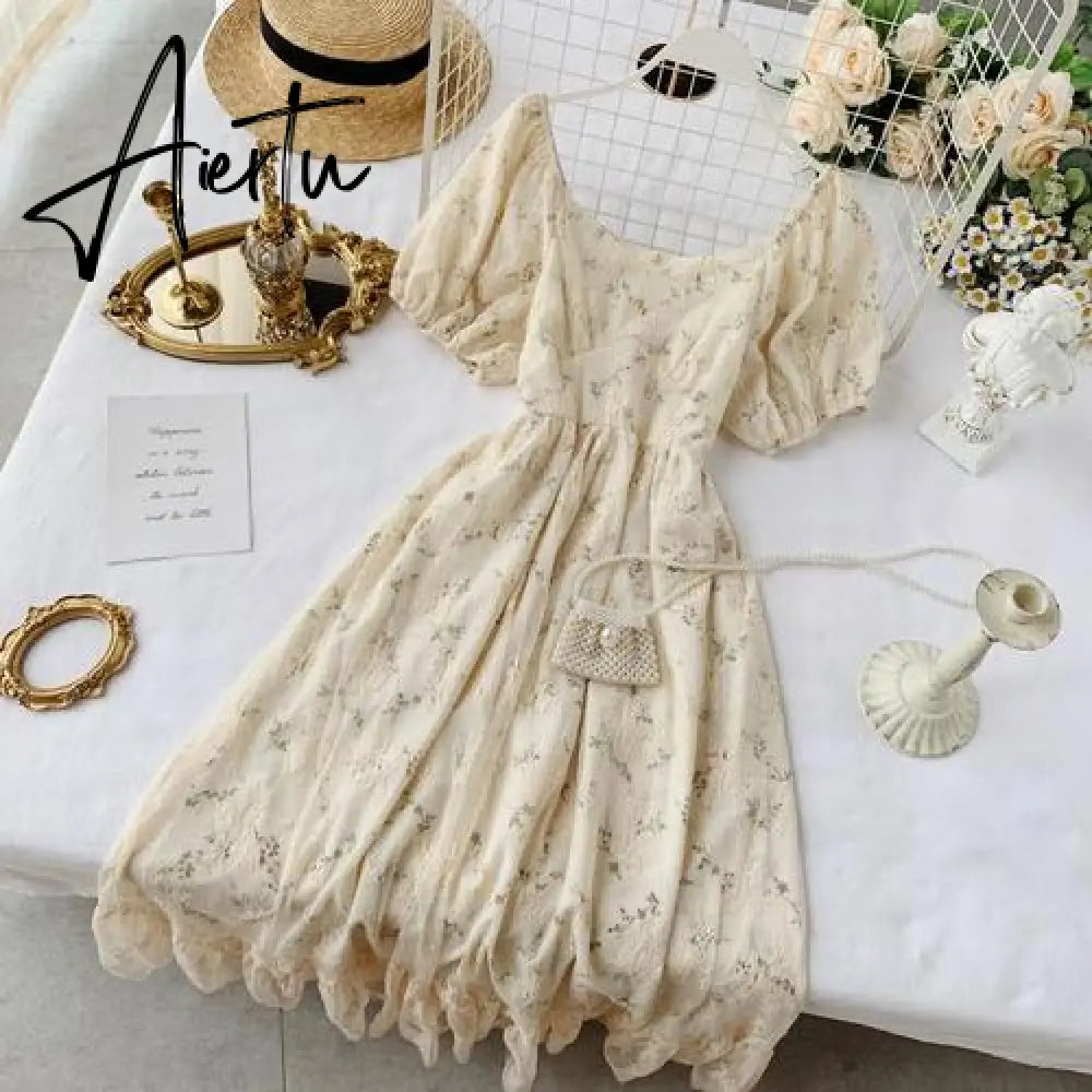 Summer Fairy Dress Women French Style Vintage Retro Chiffon Dress Puff Sleeve Casual Elegant Floral Print Dress Women New Aiertu