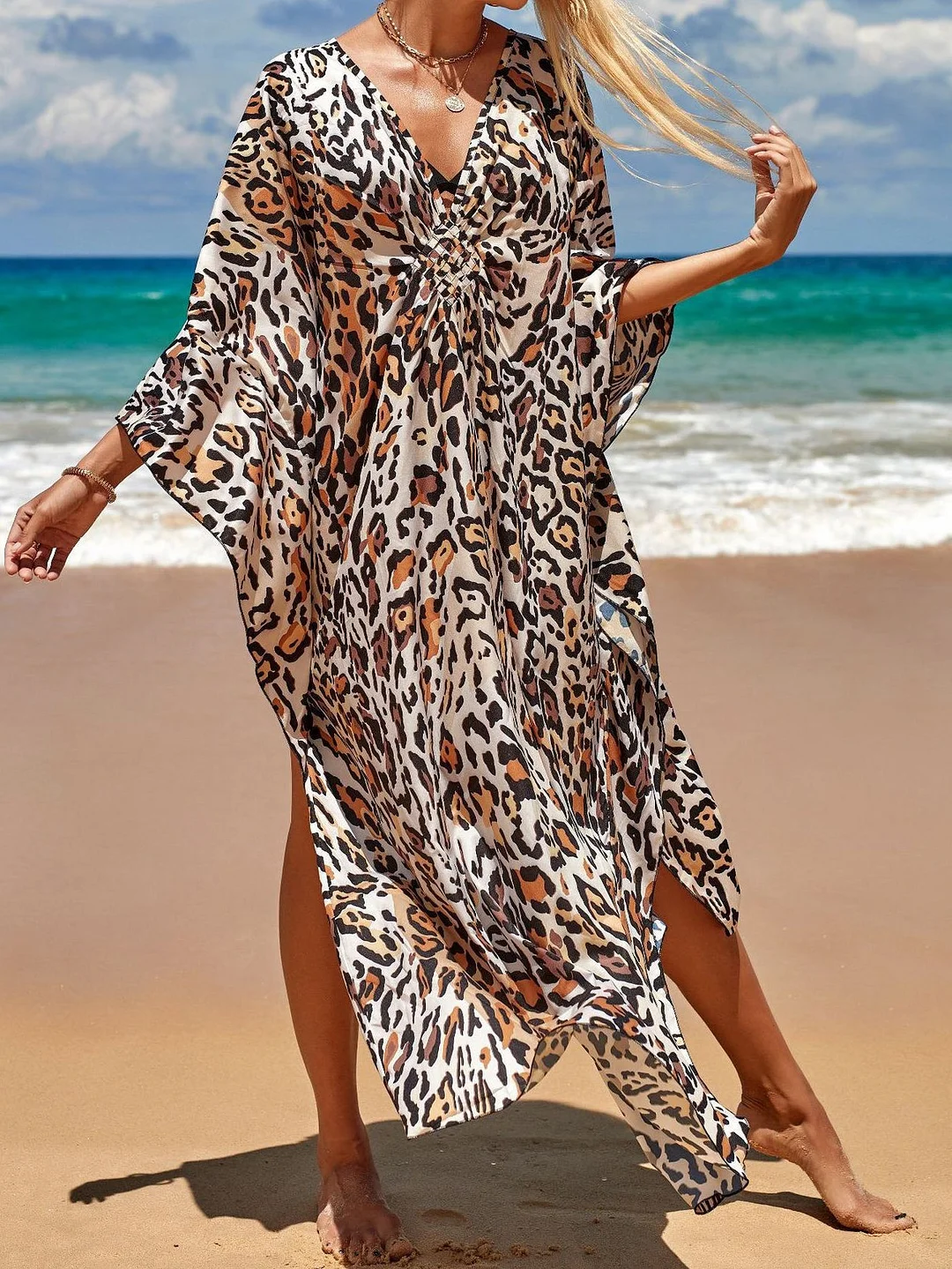 Style & Comfort for Mature Women Women's Long Sleeve V-neck Graphic Printed Beach Dress