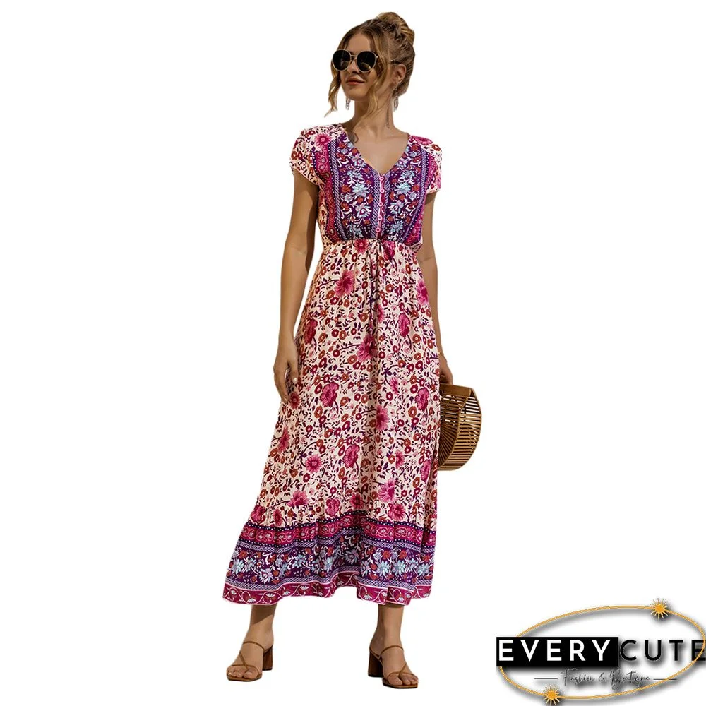Purple Lace Up Buttoned Maxi Floral Dress