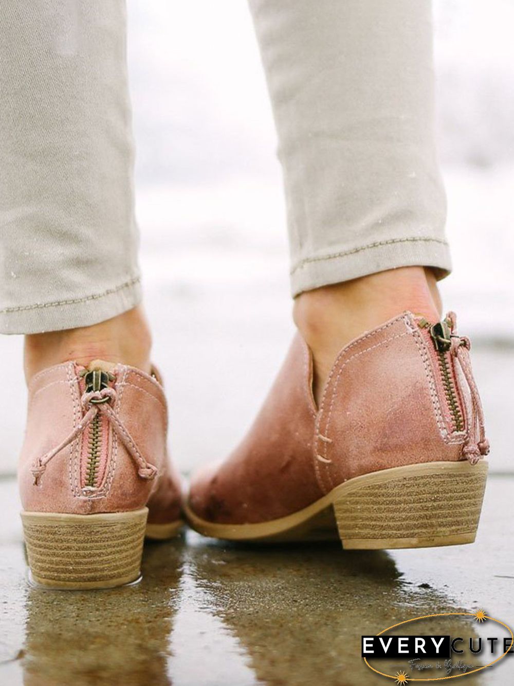 Pu Chunky Heel Zipper Pumps
