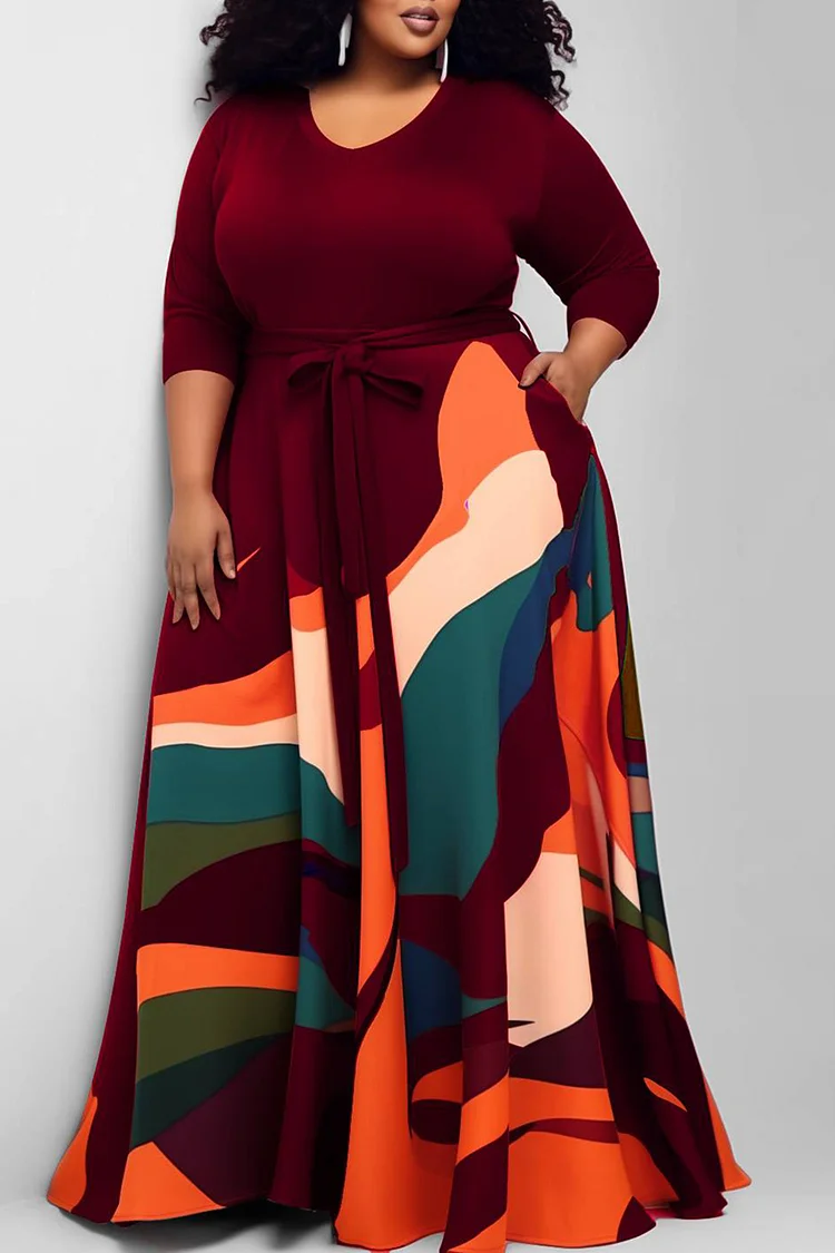 Plus Size Casual Dress Burgundy All Over Print Round-Neck Knitted Maxi Dress With Pocket 