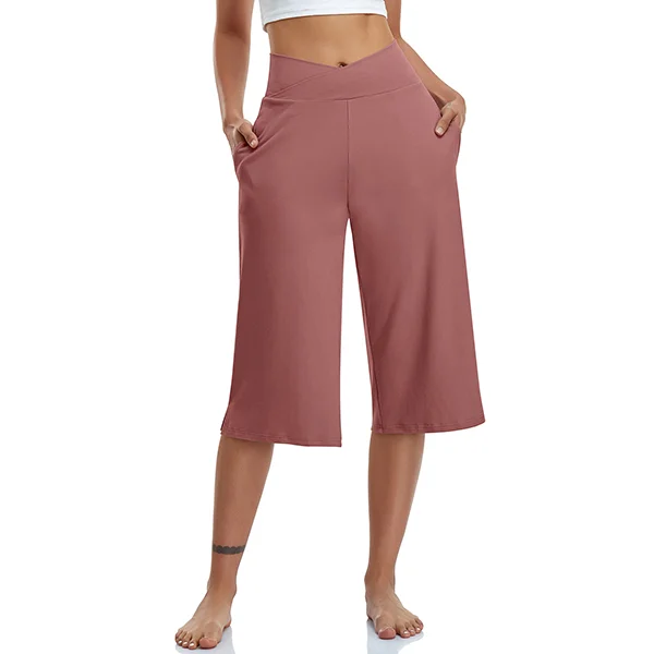 TARSE Womens Petite Yoga Pants capri Length Pockets Sweatpants Soft Lounge  PJ Pants Summer Beach Wide Leg crop Pants (green,S)