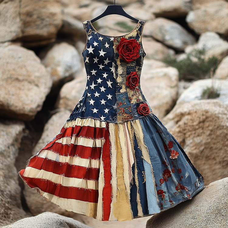 Women's Vintage Independence Day Flag And Rose Short Dress