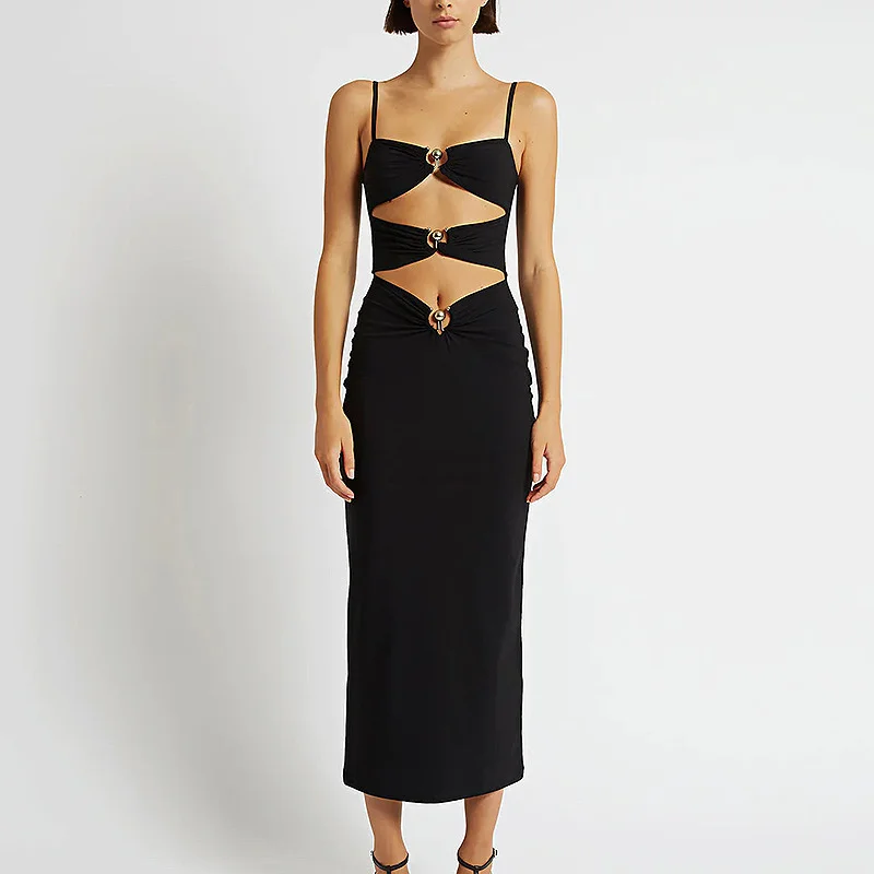 Brownm Small Metal Buckle Decoration Sexy Hollow Black Sling Dress Open Breast Design High-Leach Banded Skirt