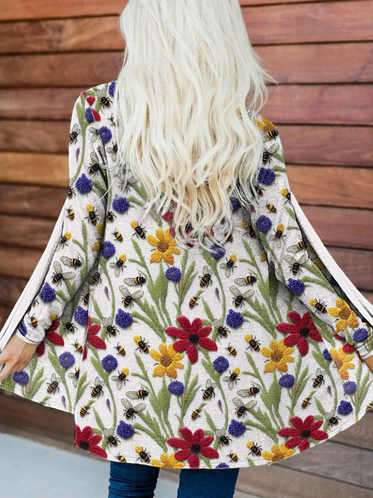VChics Embroidery Wildflowers and Bees Casual Cozy Cardigan