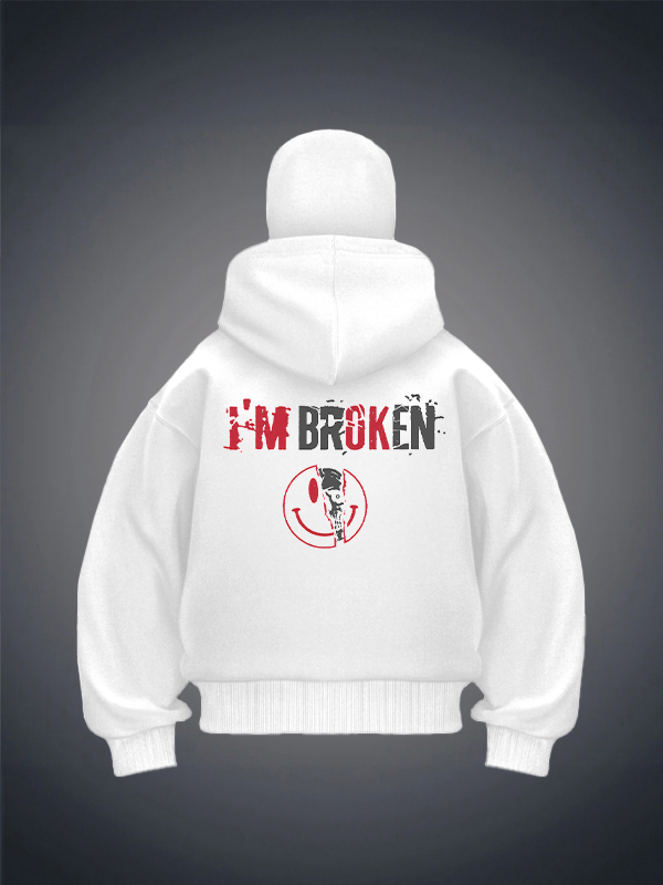 I’M BROKEN and Smiling Face Skull Graphic Print Double Hooded Hoodie
