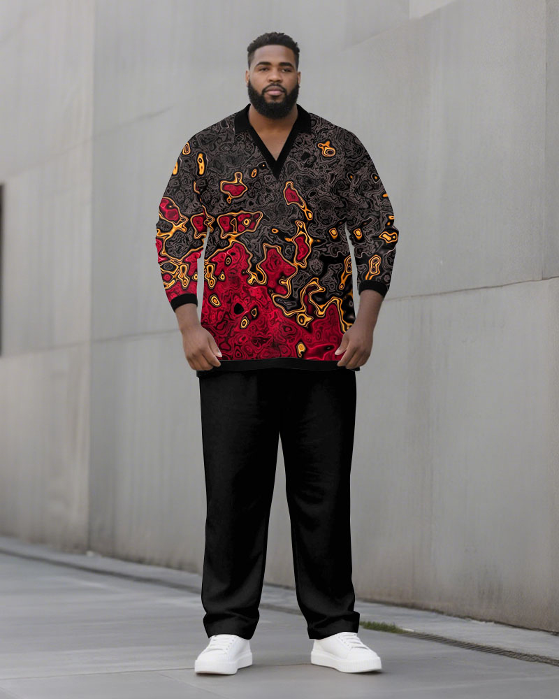 Big & Tall Men's Black And Red Geometric Print POLO V-Neck Long Sleeve Pants Two-Piece Set