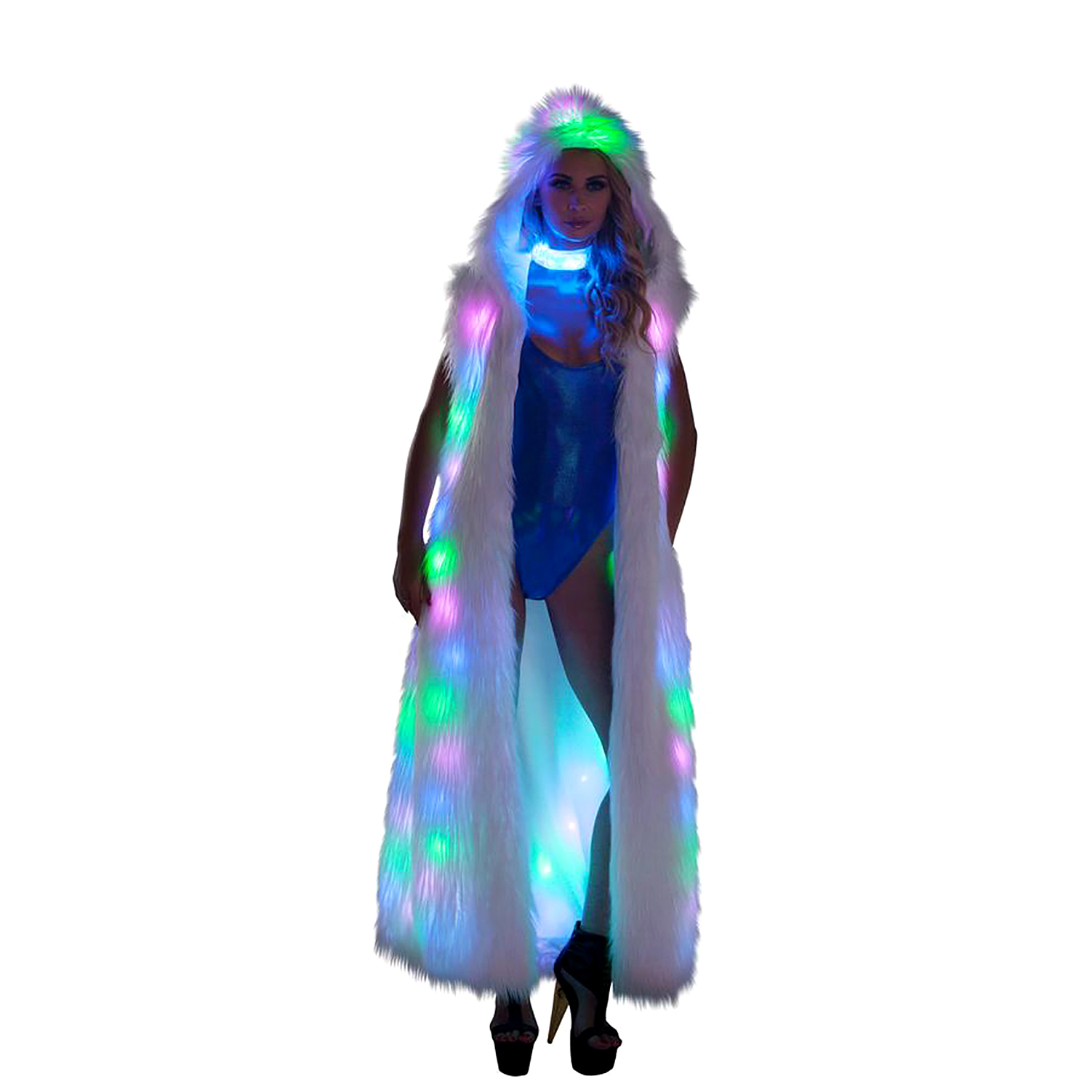 Womens Mens Faux Fur Led Long Coat Light UP Cloak Luminous Sleeveless Nightclub Rave Xmas Stage Costumes Fancy Dress