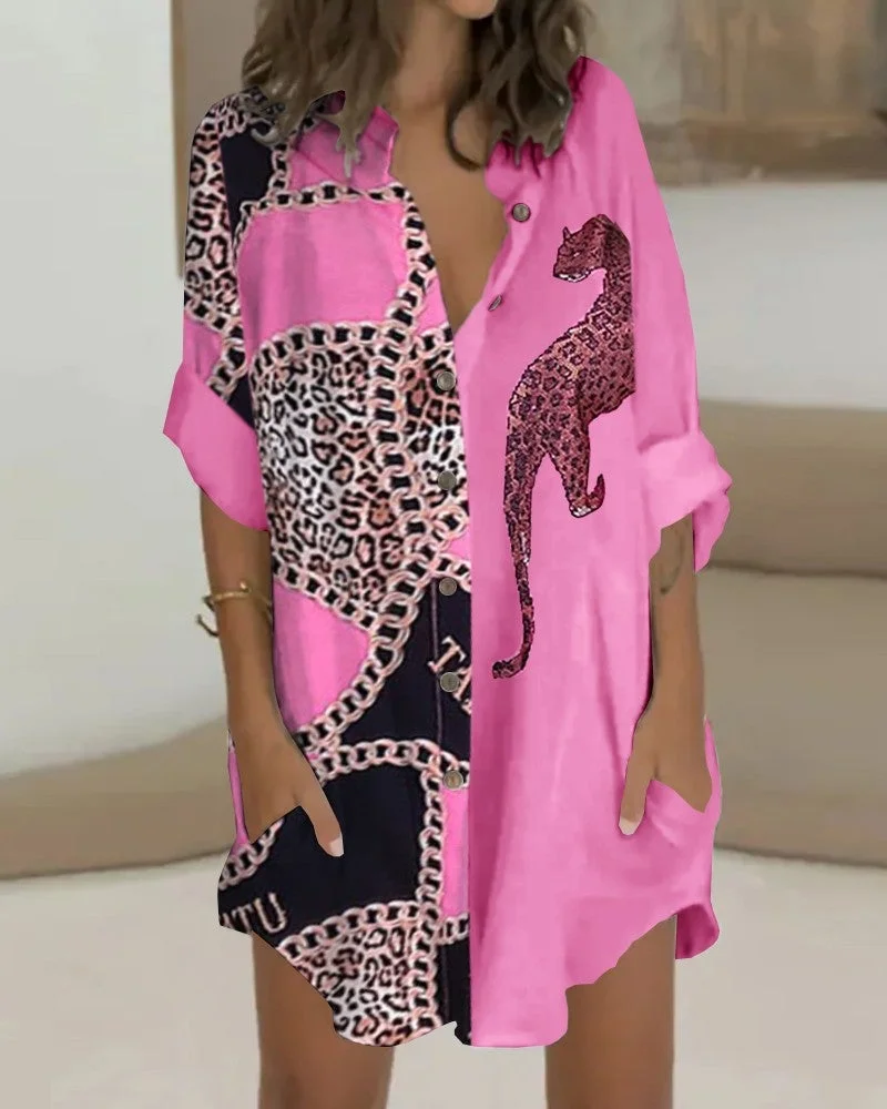 Leopard Print Color Block Buttoned Shirt Dress
