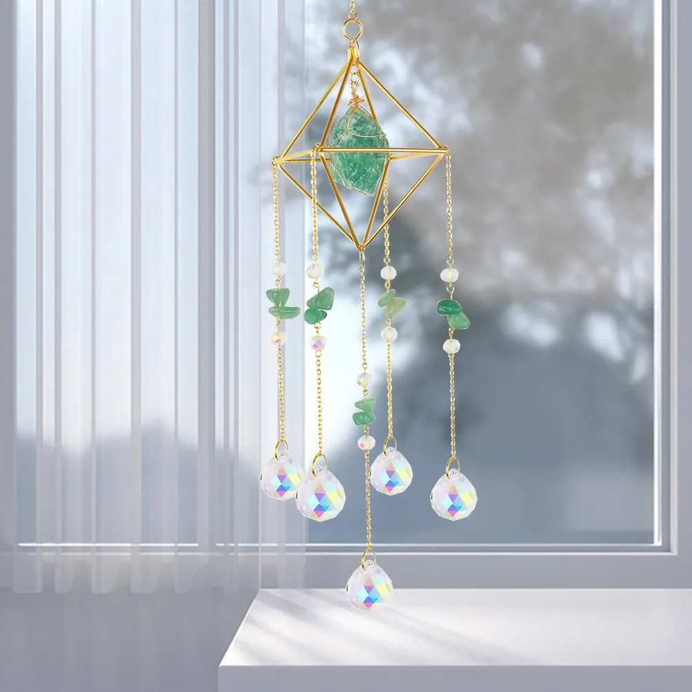 Crystal Wind Chimes Natural Stone Prism Light Catcher Garden Decor (Green)