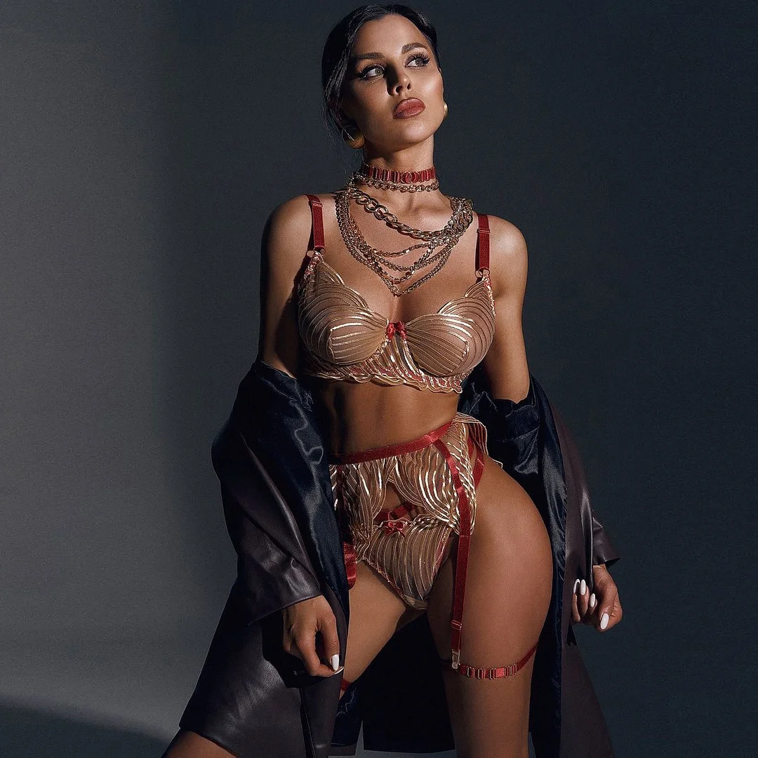 Billionm Sexy Lingerie For Women Gold Embroldery Lace Transparent Bra Fancy Female Underwear 4-Pieces Garter Belt With Stockings