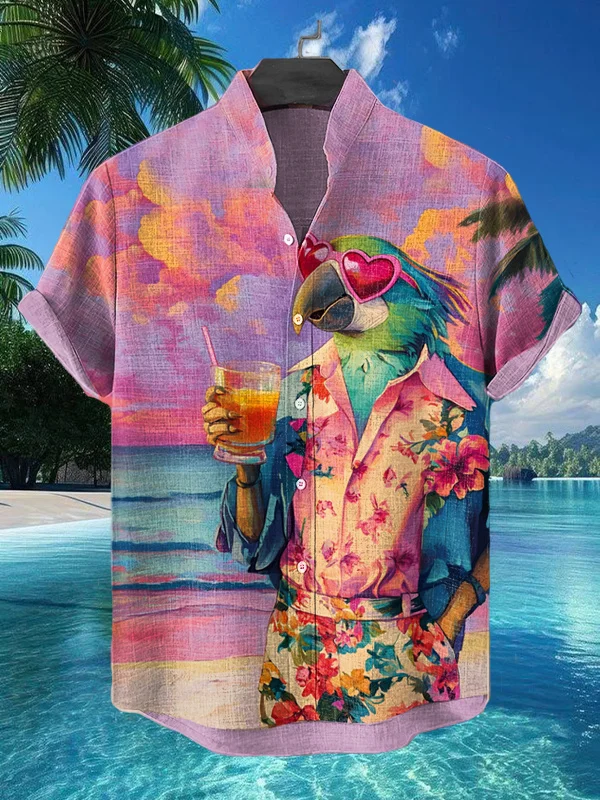 Men's Parrot Gentleman Drinks Juice Print Short Sleeve Shirt