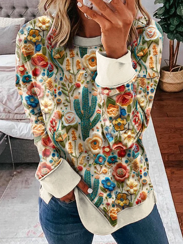 Cactus Floral Embroidered Pattern Casual Cozy Sweatshirt