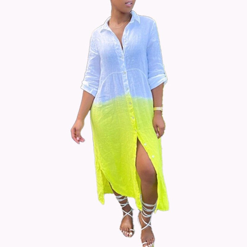 Female Ladies Casual Loose Shirt Dress Gradient Color Long Sleeve Single Breated Split Vestidos Women Lapel Tops Autumn Spring