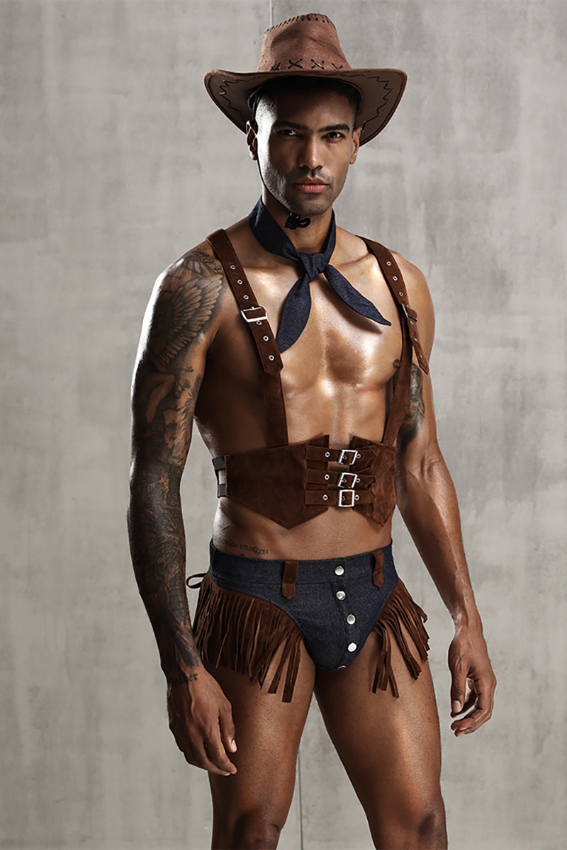 Ciciful Halloween Harness Vest Fringe Patchwork Briefs Cowboy Costume Set