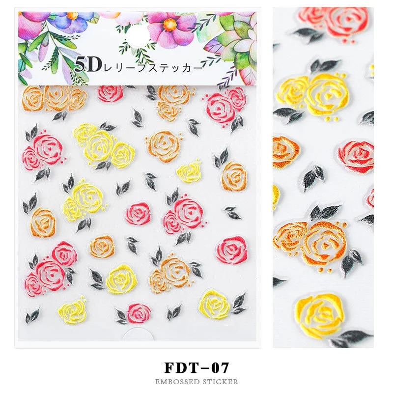Nail Stickers Embossed 5D Flowers Leafs Designs Back Glue Nail Decals Decoration Tips For Beauty Salons-Nail Inspo