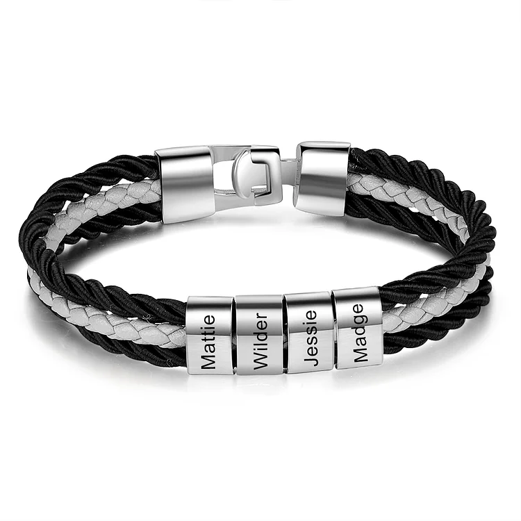 Mens Leather Bracelet Braided Layered Leather with 4 Beads Silver and Gold