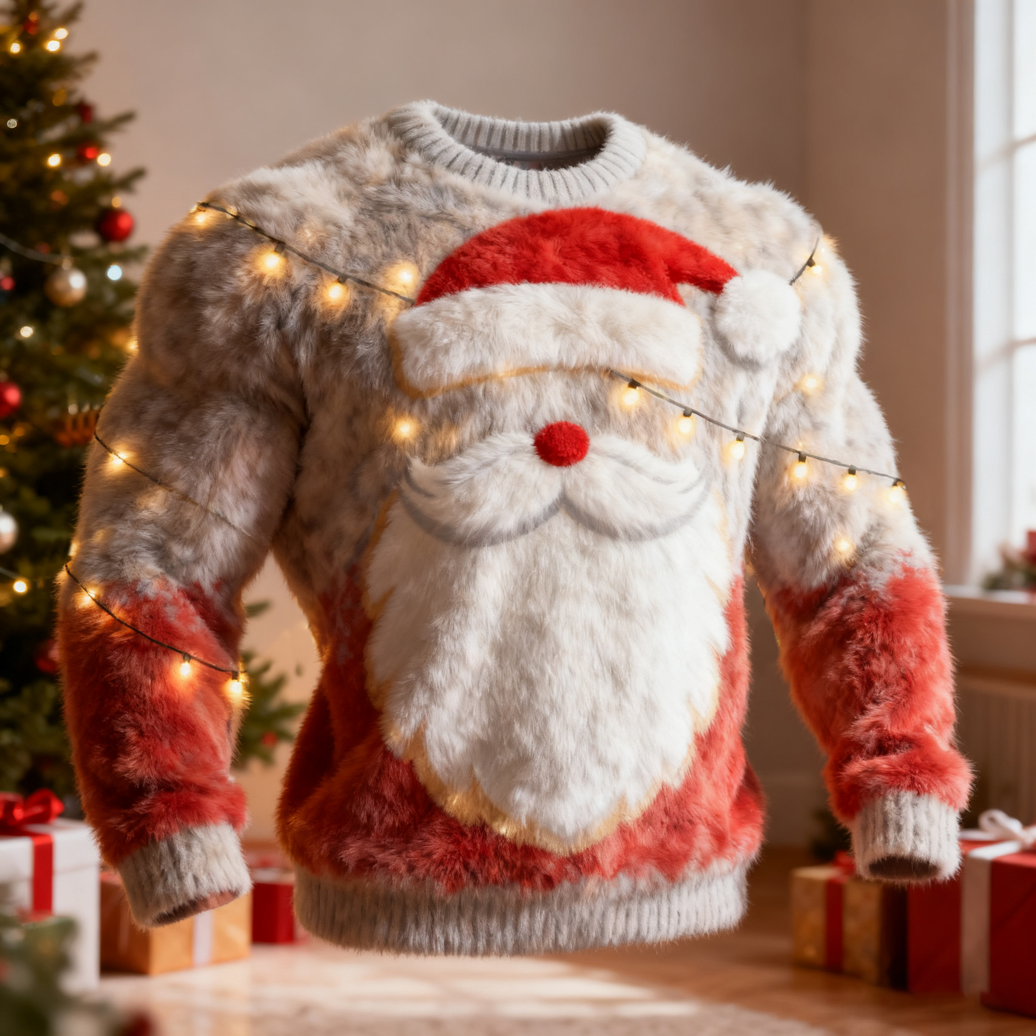 Men's Funny Christmas Santa Claus Lights Pattern Casual Flannel Sweatshirt elevenforest