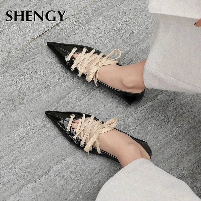 2020 New Spring Summer Pointed Toe Low Heels Shoes Woman Cross Strap Lace Up Gladiator Pumps Black Office Shoes