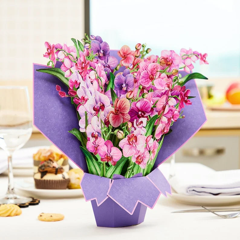 3D Pop Up Card Pink Orchids Life Sized Flower Bouquet Greeting Card,Handmade Paper Cards,Mother's Day Valentines Wedding Gifts,All Occasion