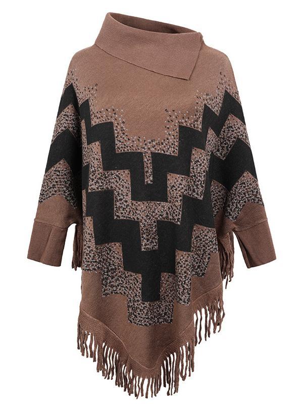 Women's Scoop Neck Knit Shawl Fringed Hem Loose Sweater Top