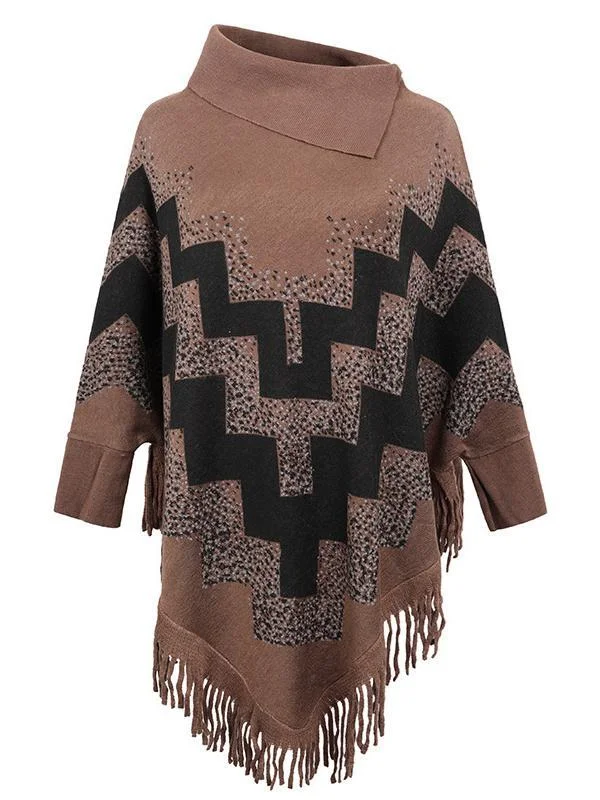 Women's Scoop Neck Knit Shawl Fringed Hem Loose Sweater Top