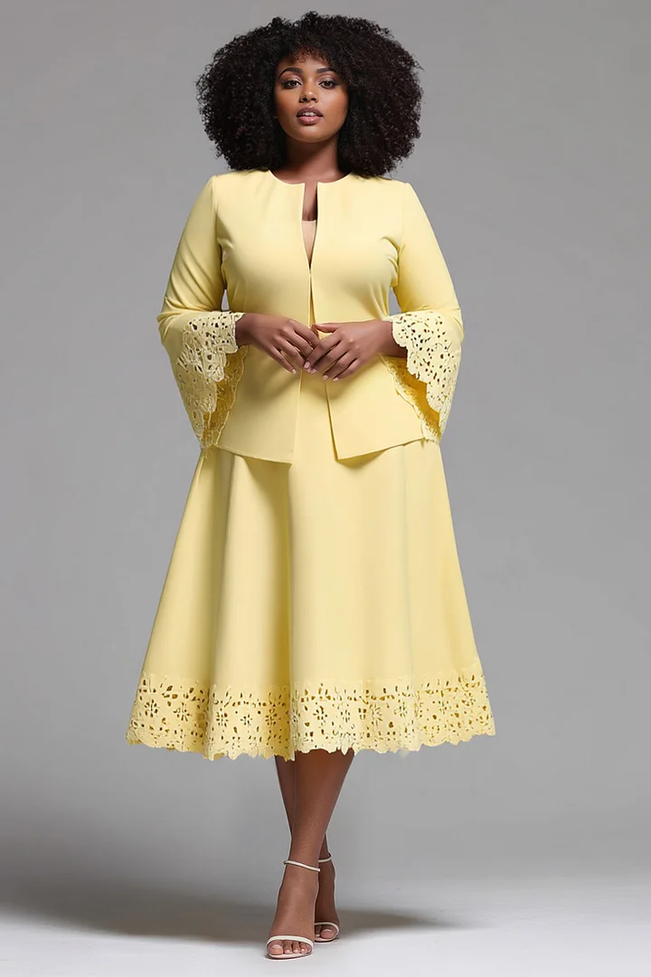 Xpluswear Design Plus Size Business Casual Yellow Round Neck Flare Long Sleeve Cut Out Pocket Two Piece Dress Sets 2024 - Xpluswear