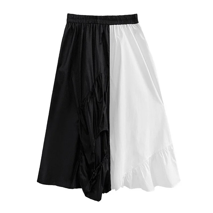 Fashion Contrast Color Asymmetric Patchwork Elastic Waist Skirt      