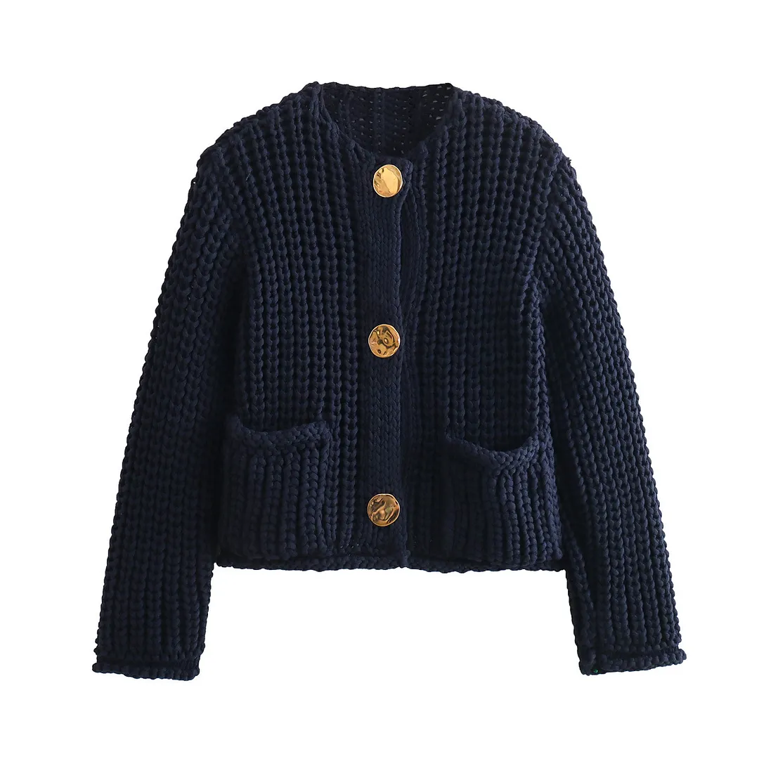Nigikala Nigikala Women's Solid Color Single Buckle Double Pocket Short Thick Knit Shirt Coat Top B66004