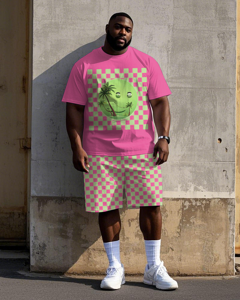 Big Men's Street Fashion Checkerboard Smiley face Coconut Tree Printed Short Sleeve T-shirt Shorts Set