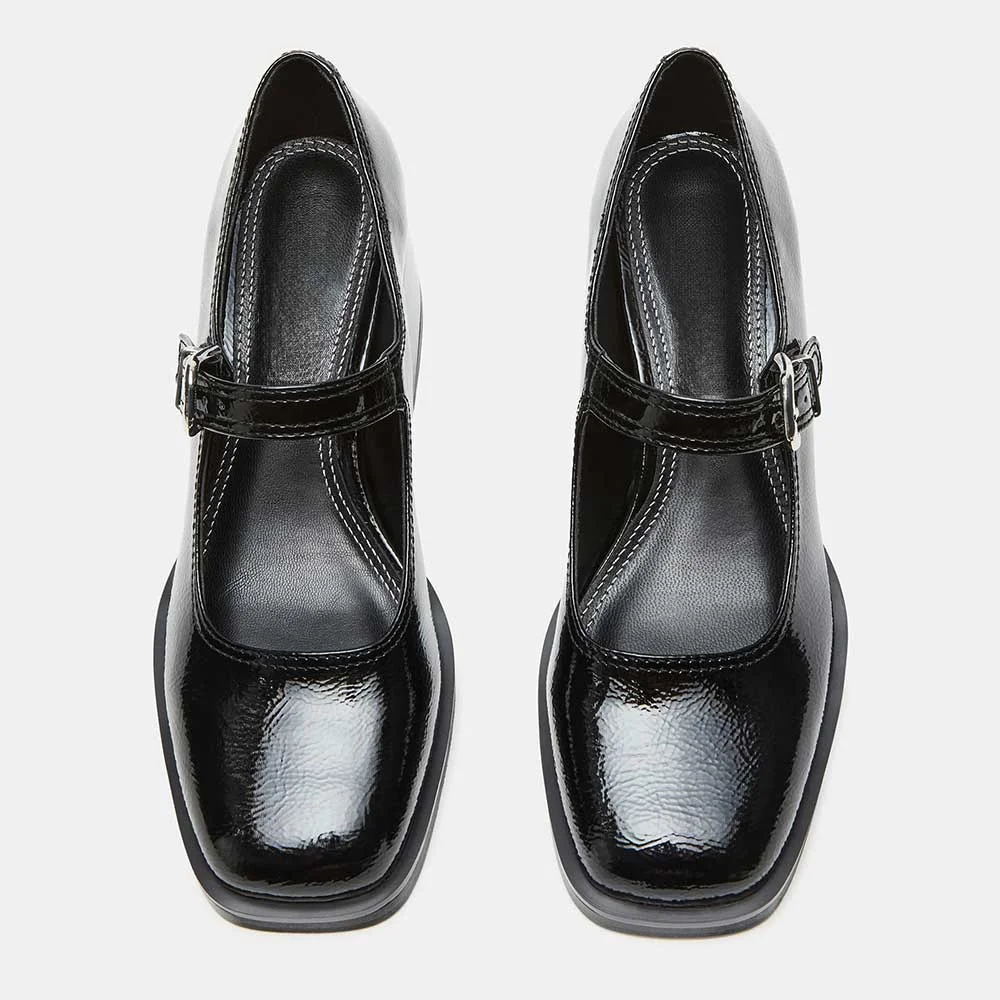 Black Square Toe Block Heel Platform Mary Jane Shoes for Women