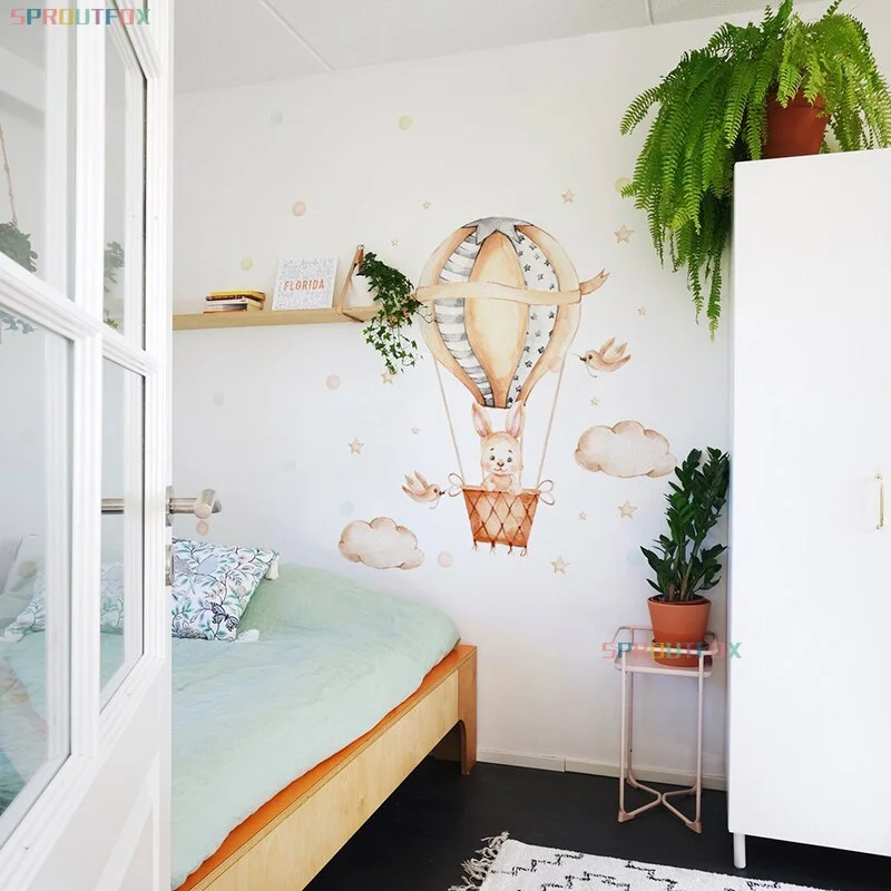 Cartoon Baby Cute Bunny Wall Stickers Hot Air Balloon Wall Decals Baby Nursery Home Decoration Clouds and Stars for Girls Room