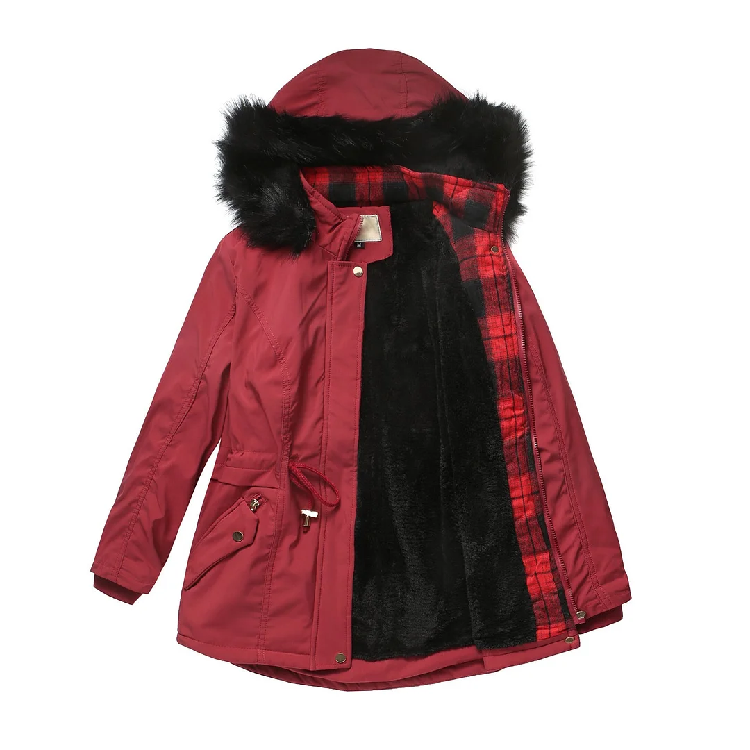 Woman's Coat Detachable Hood Fur Collar Plus Fleece Jacket
